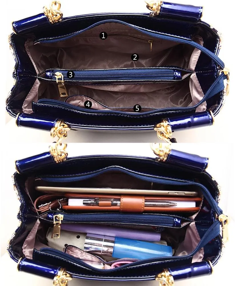 Women Sequin Embroidered Handbag and Purse Top Handle Satchel Glossy PU Leather Shoulder Bags