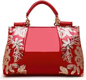 Women Sequin Embroidered Handbag and Purse Top Handle Satchel Glossy PU Leather Shoulder Bags