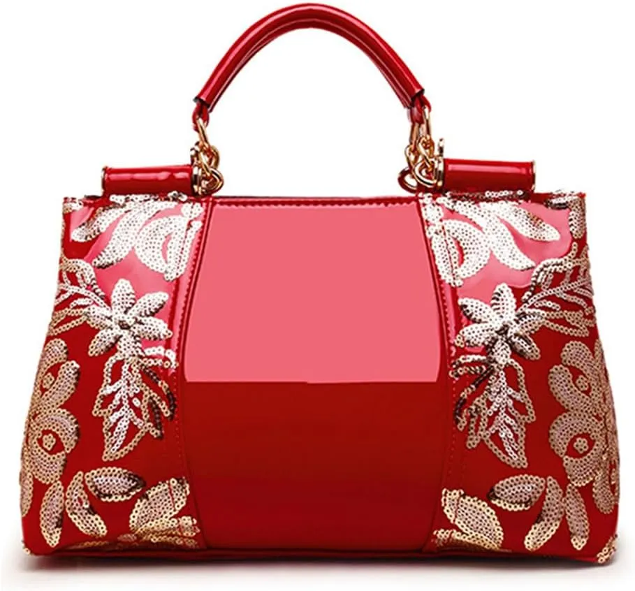 Women Sequin Embroidered Handbag and Purse Top Handle Satchel Glossy PU Leather Shoulder Bags
