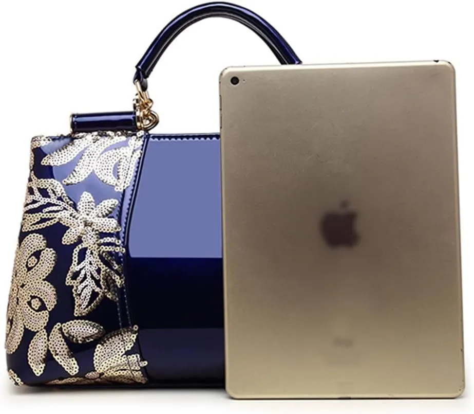 Women Sequin Embroidered Handbag and Purse Top Handle Satchel Glossy PU Leather Shoulder Bags
