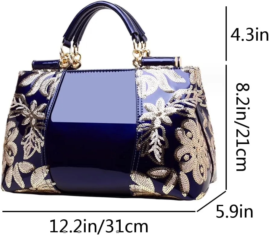 Women Sequin Embroidered Handbag and Purse Top Handle Satchel Glossy PU Leather Shoulder Bags