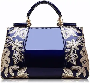 Women Sequin Embroidered Handbag and Purse Top Handle Satchel Glossy PU Leather Shoulder Bags