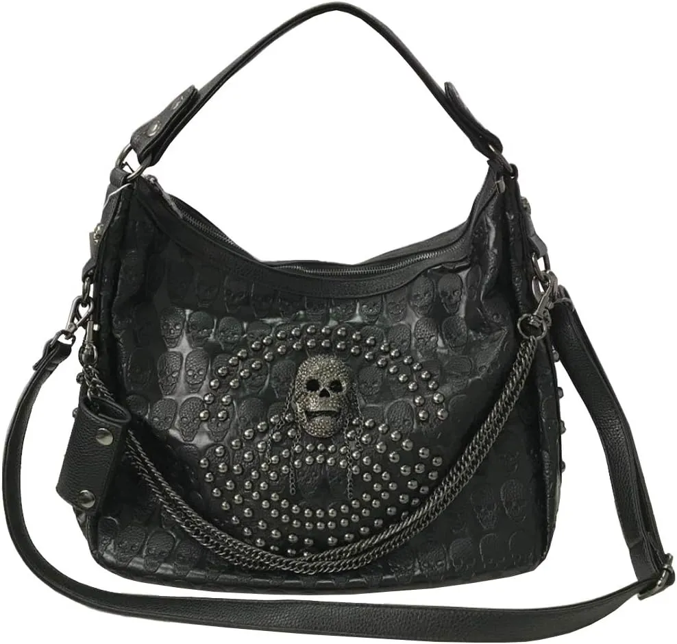Women Skull Chain Handbag Large Capacity Gothic Shoulder Bag Studded Doctor Rivet Tote Satchel