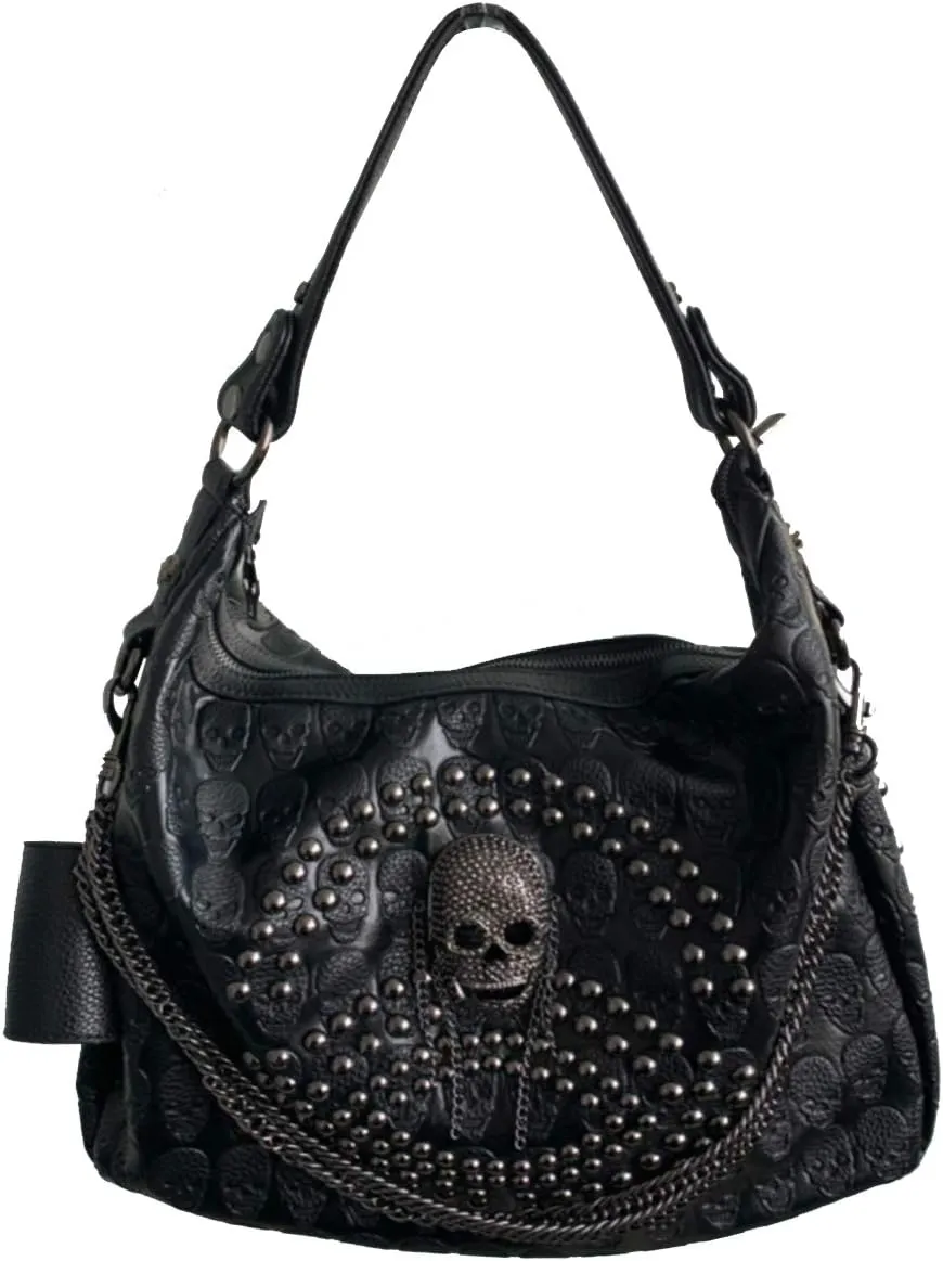 Women Skull Chain Handbag Large Capacity Gothic Shoulder Bag Studded Doctor Rivet Tote Satchel