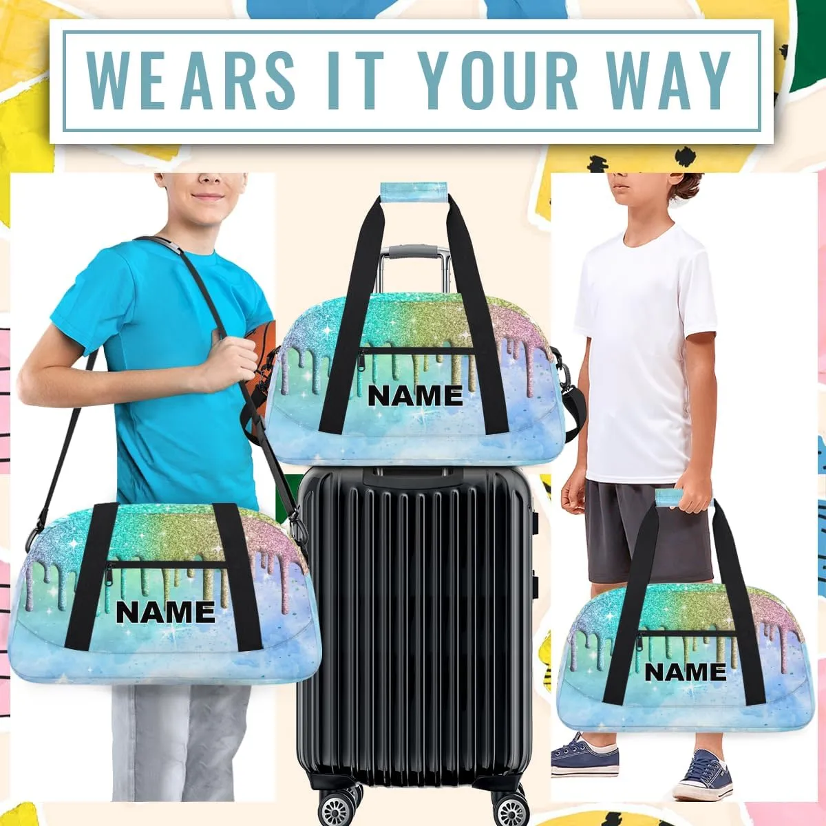 Women Small Gym Bag 18 inch Waterproof Custom Mini Sports Duffel Bag for Men Carry on Overnight Travel Tote Bag Blue Green