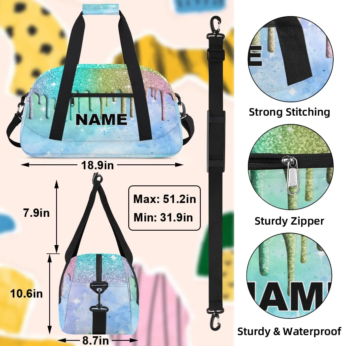 Women Small Gym Bag 18 inch Waterproof Custom Mini Sports Duffel Bag for Men Carry on Overnight Travel Tote Bag Blue Green