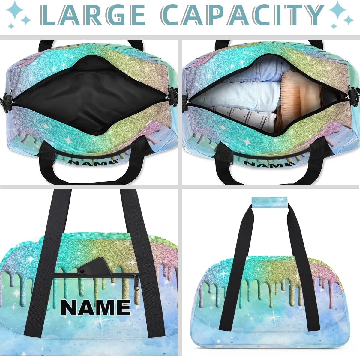 Women Small Gym Bag 18 inch Waterproof Custom Mini Sports Duffel Bag for Men Carry on Overnight Travel Tote Bag Blue Green