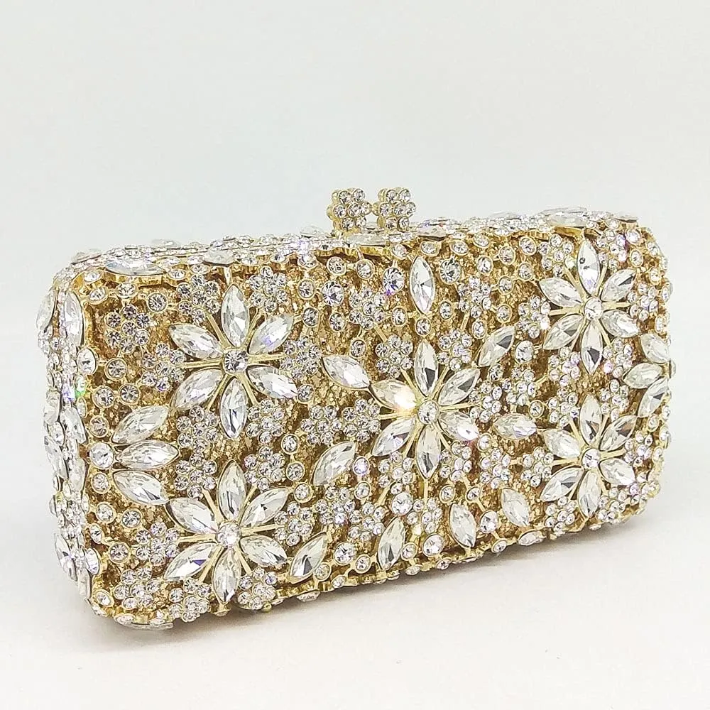 Women Snowflake Evening Bags Wedding Bridal Flower Crystal Clutch Purse Party Box Rhinestone Handbag
