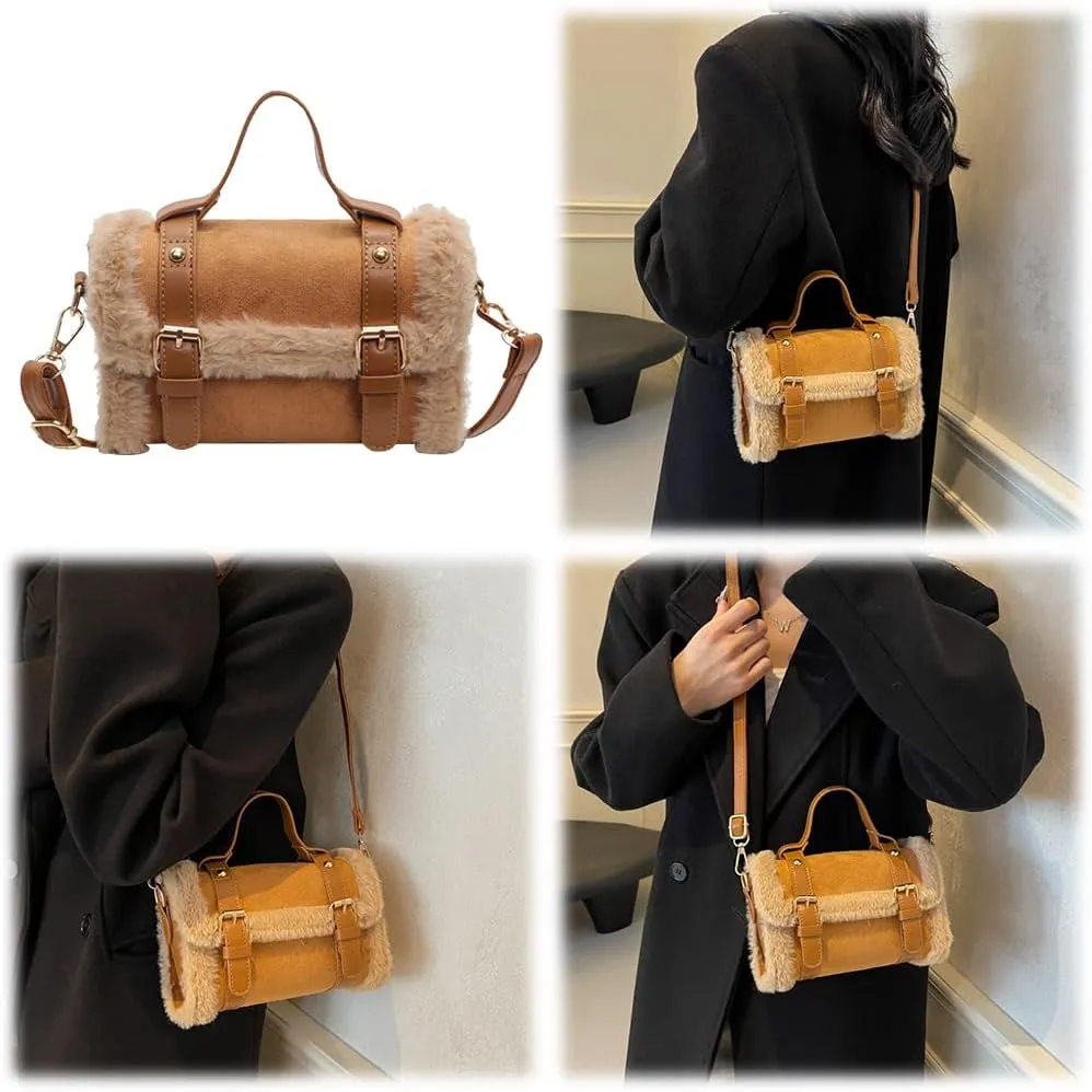 Women Suede Shoulder Bag Plush Velvet Messenger Bag Small Square Handbag Satchel Purse for Work Travel Shopping