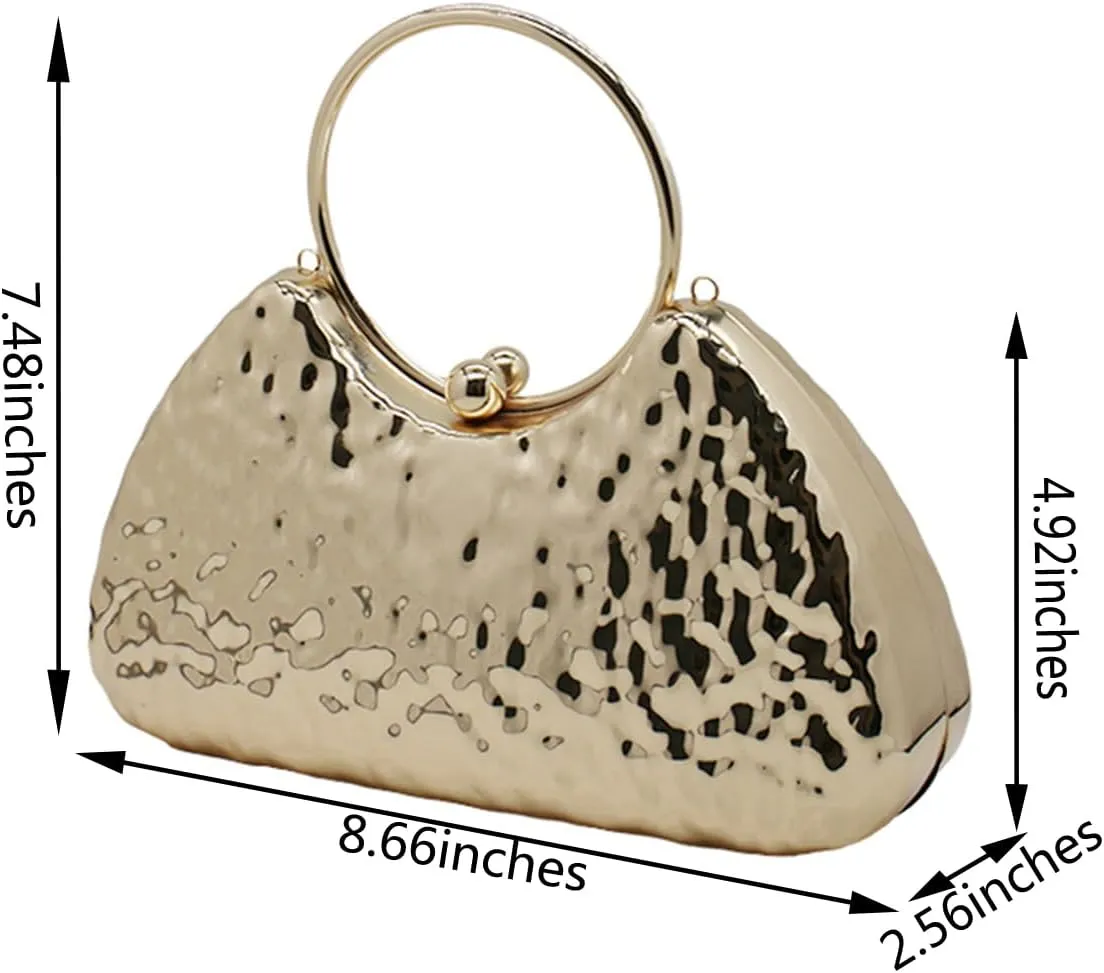 Women Top Handle Metal Evening Bag Ladies Trendy Metallic Handbag Chain Shoulder Crossbody Bag for Prom Party