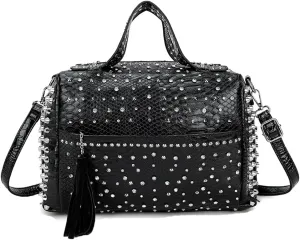 Women Tote Bags Top Handle Handbags Snake Print PU Leather Boston Bag Rivet Satchel Purse Shoulder Bag Weekend Bag-Black