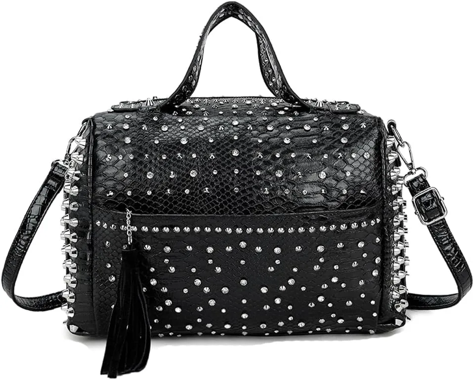 Women Tote Bags Top Handle Handbags Snake Print PU Leather Boston Bag Rivet Satchel Purse Shoulder Bag Weekend Bag-Black