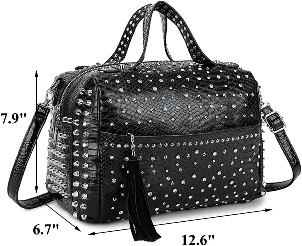 Women Tote Bags Top Handle Handbags Snake Print PU Leather Boston Bag Rivet Satchel Purse Shoulder Bag Weekend Bag-Black