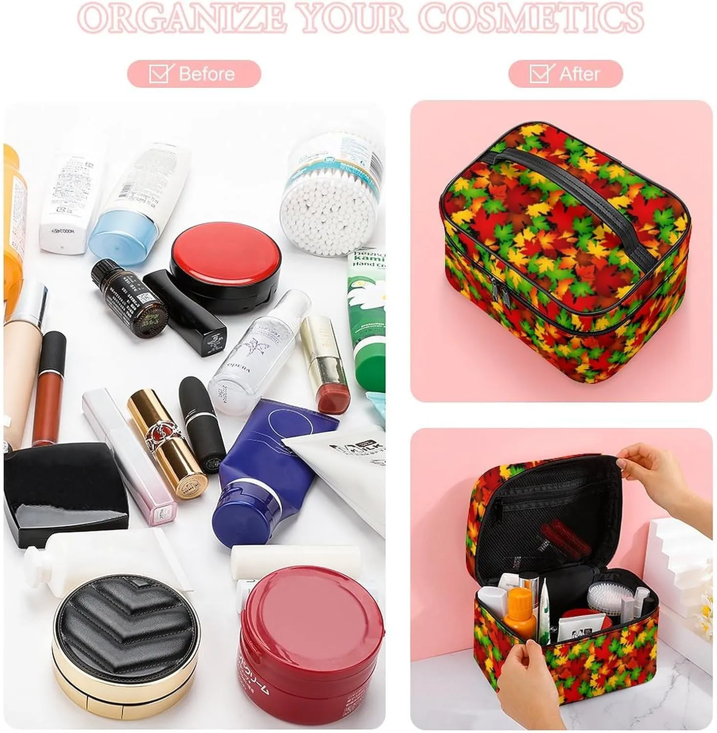 Womens Autumn Tropical Leaves Make Up Bag Organizer With Compartments Handle Men Makeup Toiletry Bags Waterproof Soft Leather Skincare Cosmetic Box For Travel Camping Wedding