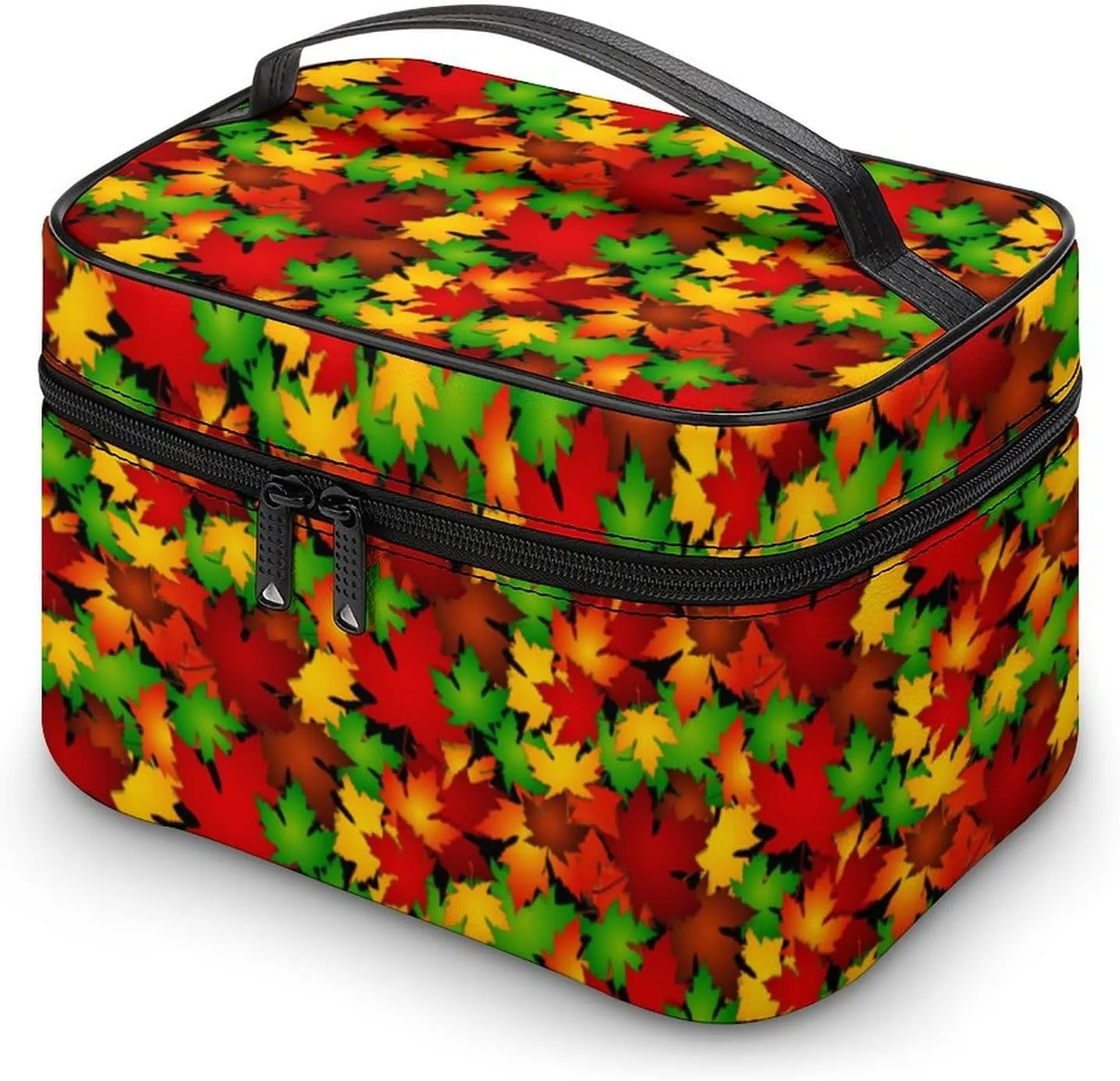 Womens Autumn Tropical Leaves Make Up Bag Organizer With Compartments Handle Men Makeup Toiletry Bags Waterproof Soft Leather Skincare Cosmetic Box For Travel Camping Wedding