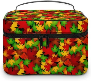 Womens Autumn Tropical Leaves Make Up Bag Organizer With Compartments Handle Men Makeup Toiletry Bags Waterproof Soft Leather Skincare Cosmetic Box For Travel Camping Wedding