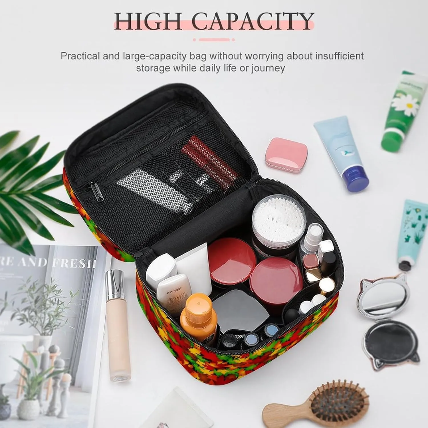 Womens Autumn Tropical Leaves Make Up Bag Organizer With Compartments Handle Men Makeup Toiletry Bags Waterproof Soft Leather Skincare Cosmetic Box For Travel Camping Wedding