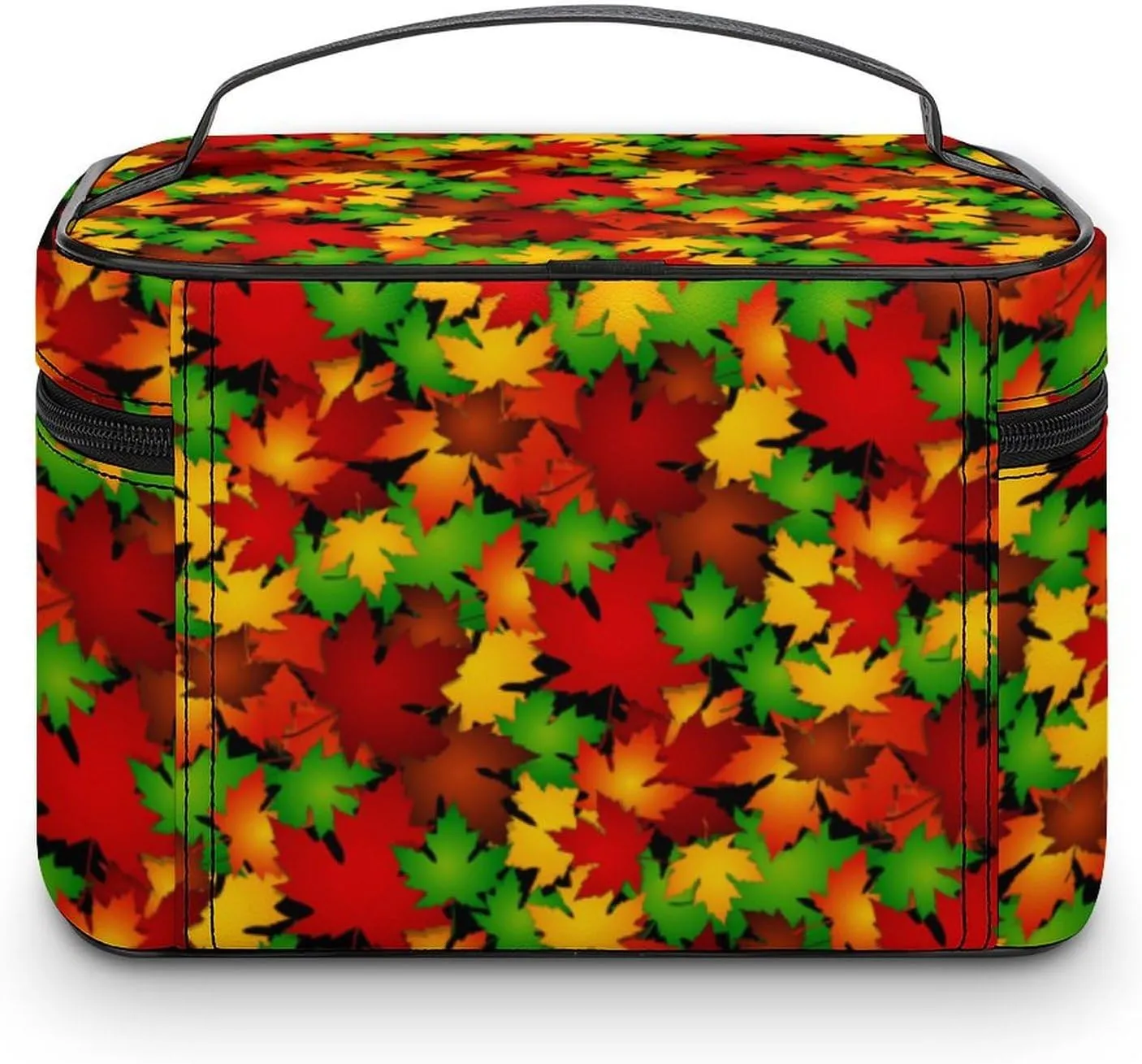 Womens Autumn Tropical Leaves Make Up Bag Organizer With Compartments Handle Men Makeup Toiletry Bags Waterproof Soft Leather Skincare Cosmetic Box For Travel Camping Wedding