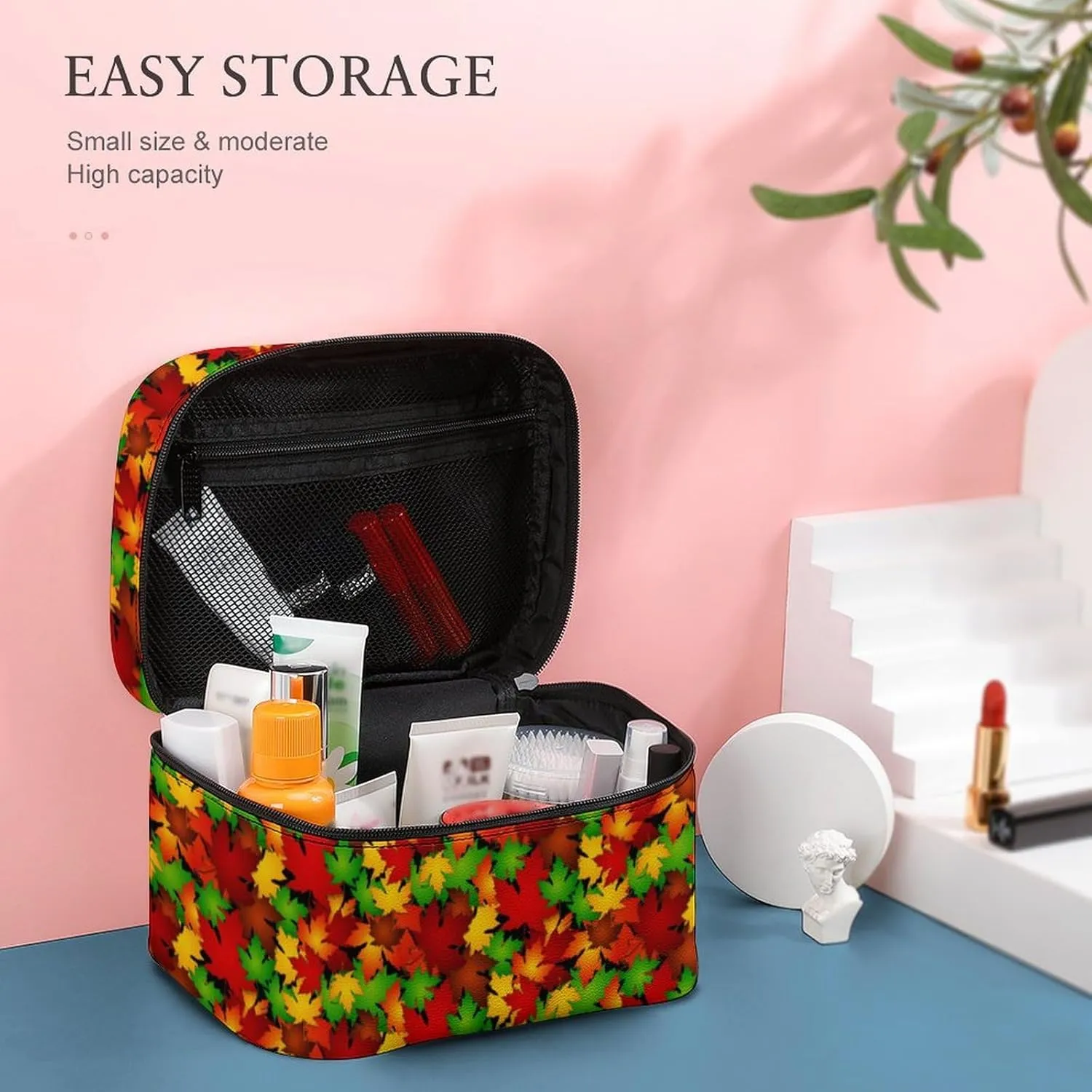 Womens Autumn Tropical Leaves Make Up Bag Organizer With Compartments Handle Men Makeup Toiletry Bags Waterproof Soft Leather Skincare Cosmetic Box For Travel Camping Wedding