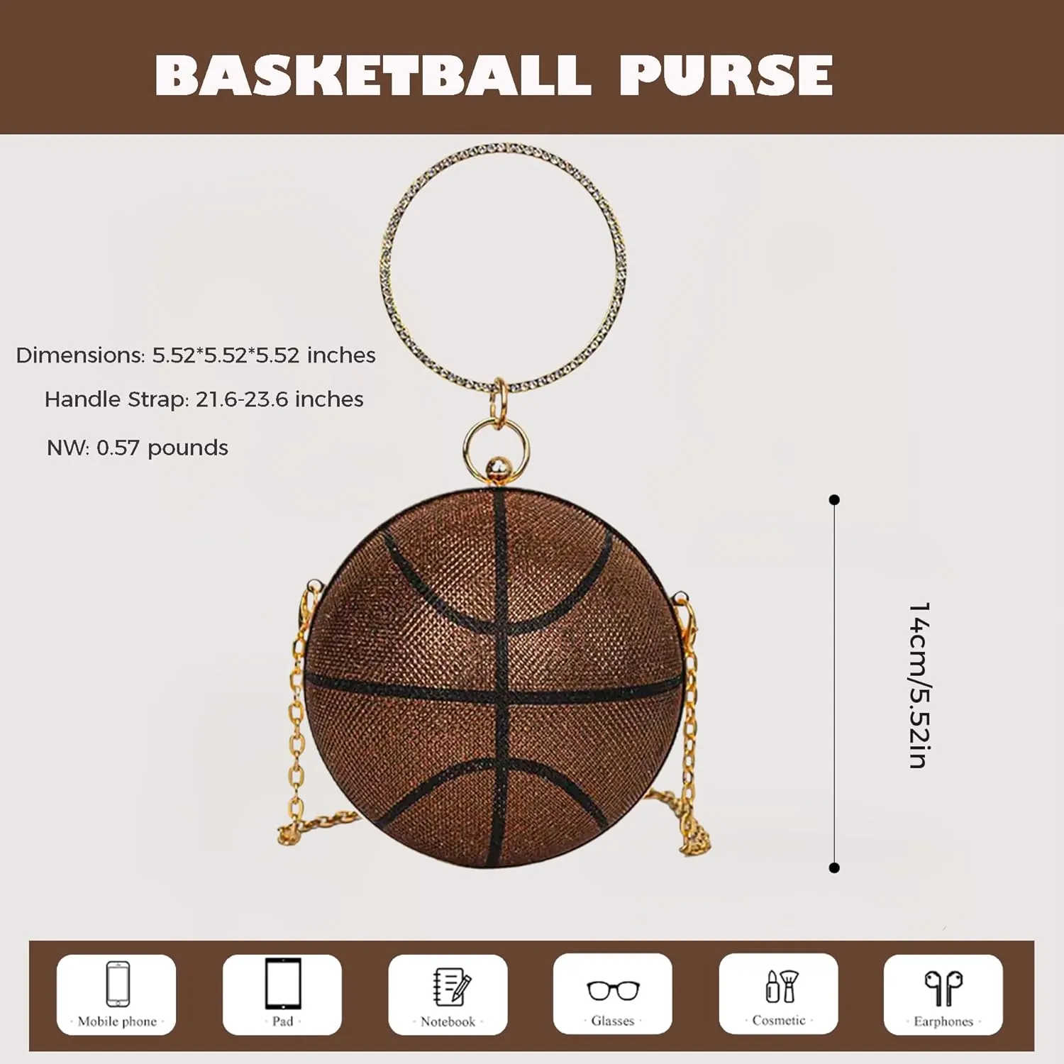 Women's Basketball Mini Round Messenger Bag - Diamond-Encrusted Handbag, Stylish Novelty Purse, Unique Design