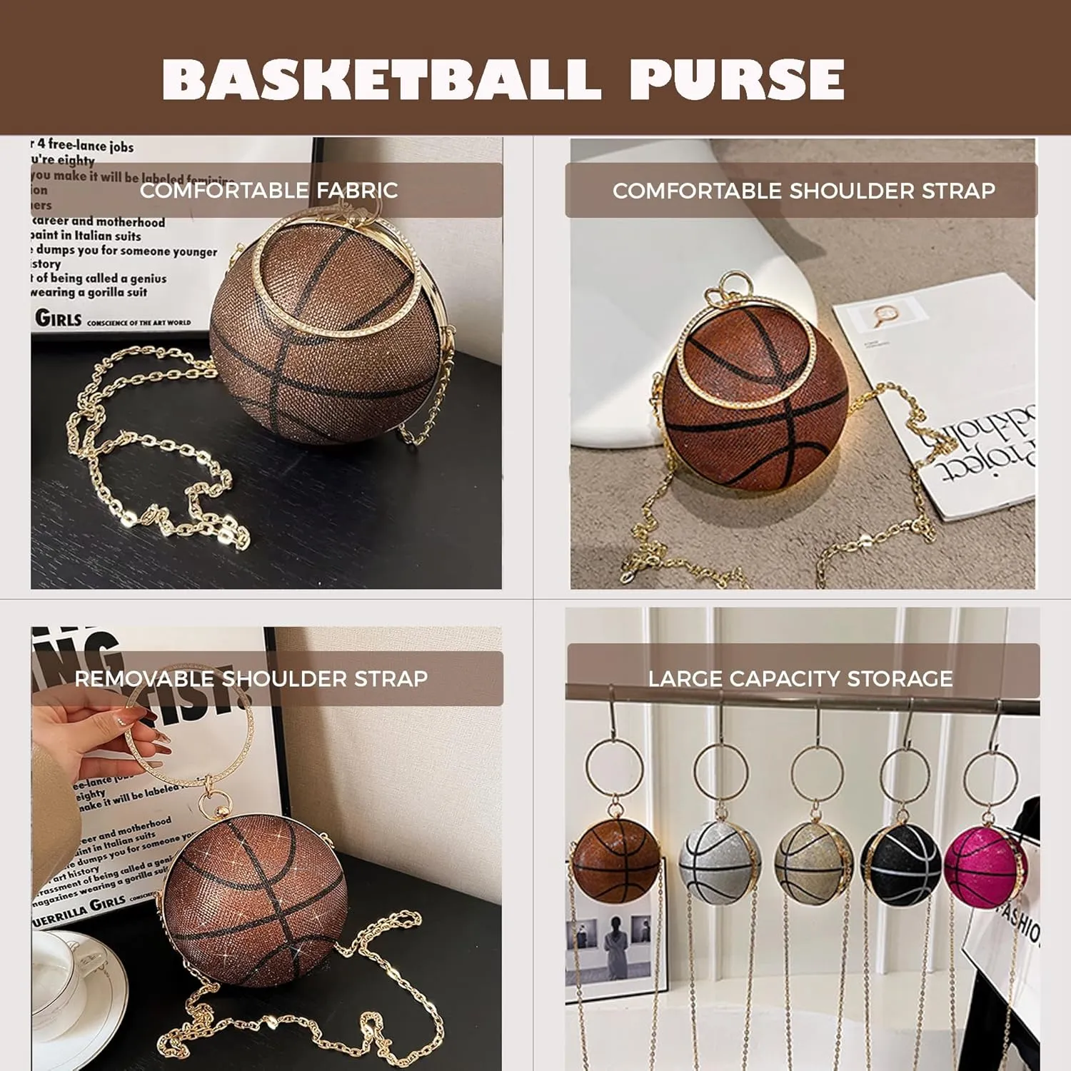 Women's Basketball Mini Round Messenger Bag - Diamond-Encrusted Handbag, Stylish Novelty Purse, Unique Design