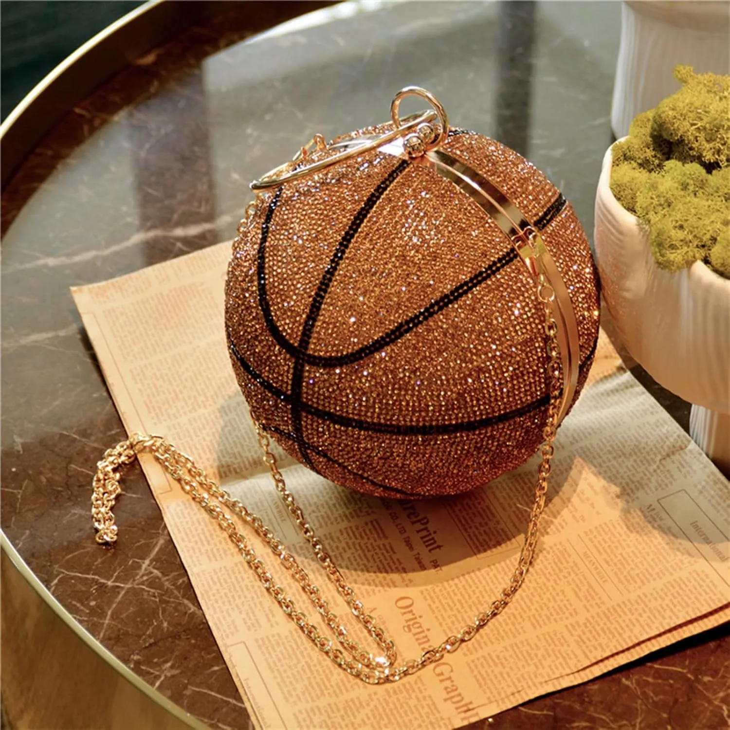 Women's Basketball Mini Round Messenger Bag - Diamond-Encrusted Handbag, Stylish Novelty Purse, Unique Design