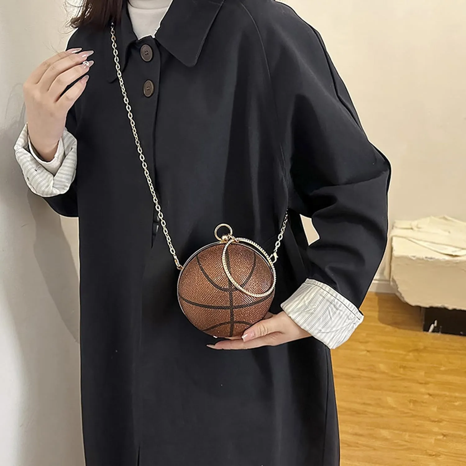 Women's Basketball Mini Round Messenger Bag - Diamond-Encrusted Handbag, Stylish Novelty Purse, Unique Design