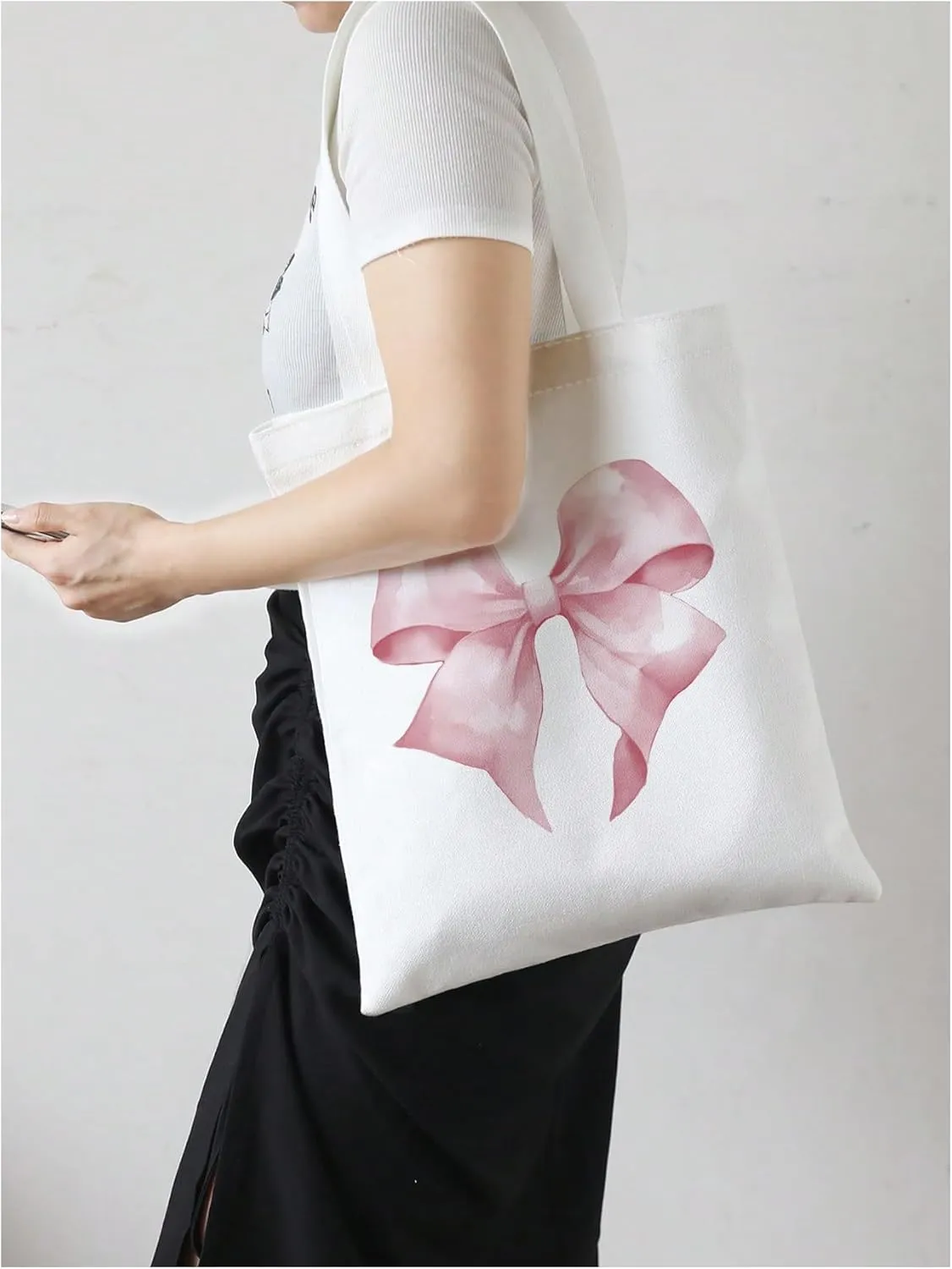 Women's Bowknot Graphic Canvas Tote Bag Casual Double Straps Shoulder Bags Cute Large Handbags