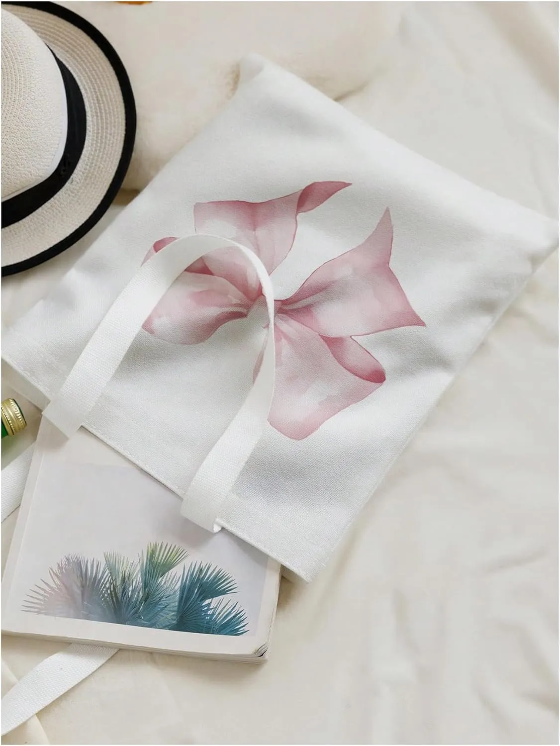 Women's Bowknot Graphic Canvas Tote Bag Casual Double Straps Shoulder Bags Cute Large Handbags