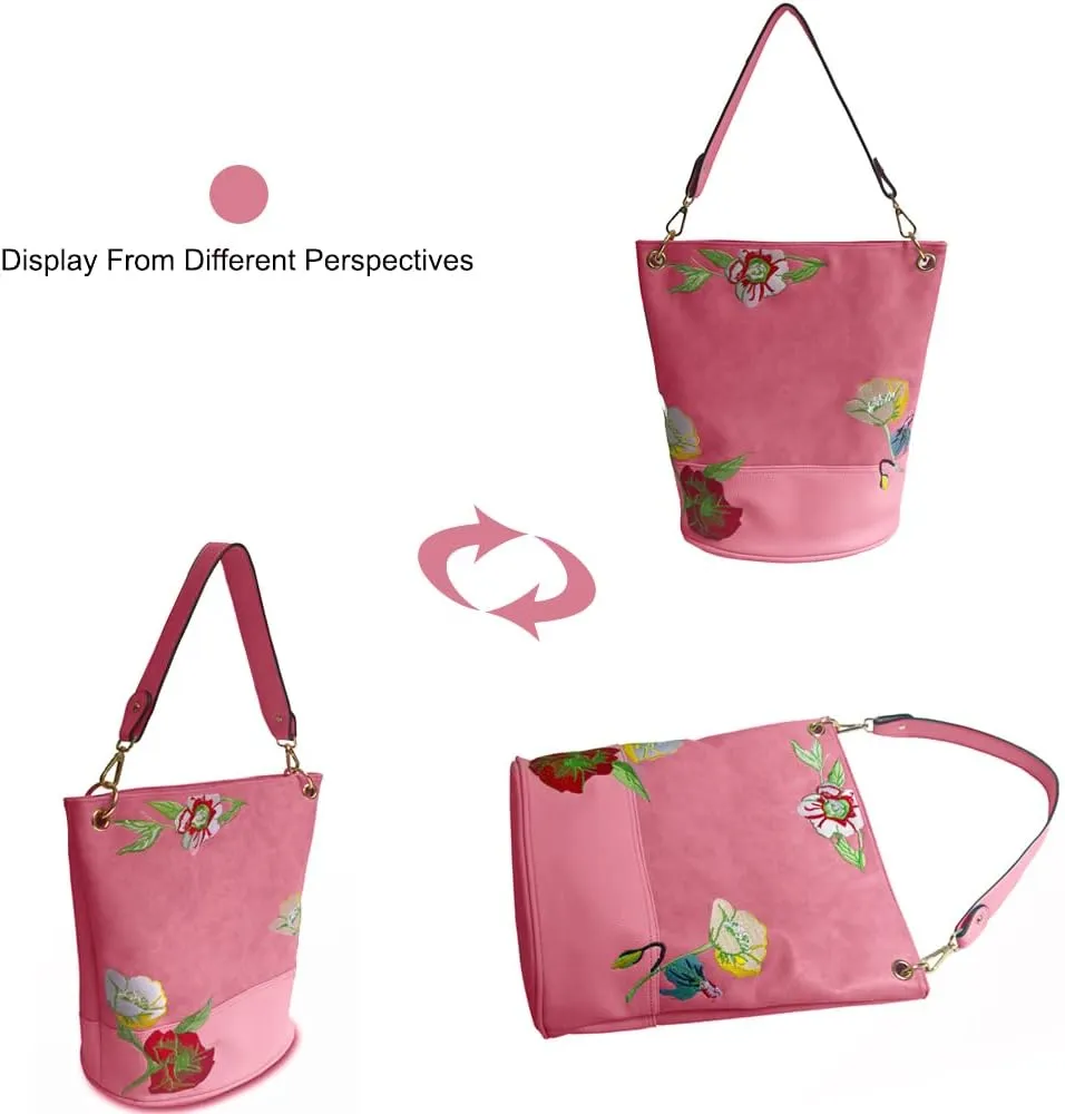 Womens Bucket Bag Floral Embroidered Hobo Bag Purse PU Leather Satchel Small Tote Bags Shoulder Crossbody Bag Vintage