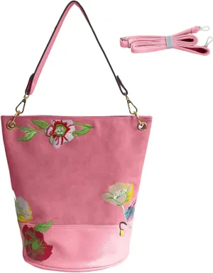 Womens Bucket Bag Floral Embroidered Hobo Bag Purse PU Leather Satchel Small Tote Bags Shoulder Crossbody Bag Vintage