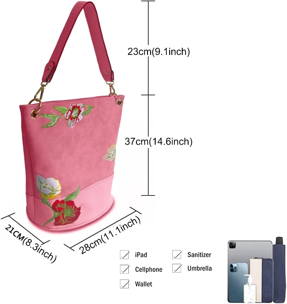 Womens Bucket Bag Floral Embroidered Hobo Bag Purse PU Leather Satchel Small Tote Bags Shoulder Crossbody Bag Vintage