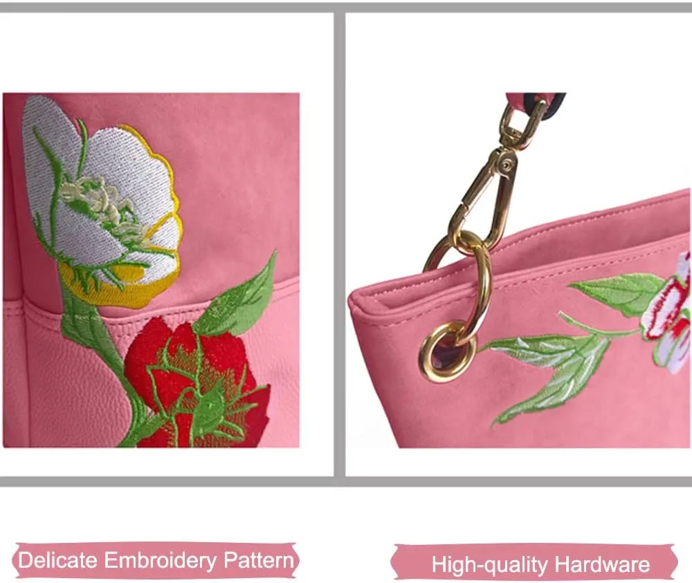 Womens Bucket Bag Floral Embroidered Hobo Bag Purse PU Leather Satchel Small Tote Bags Shoulder Crossbody Bag Vintage
