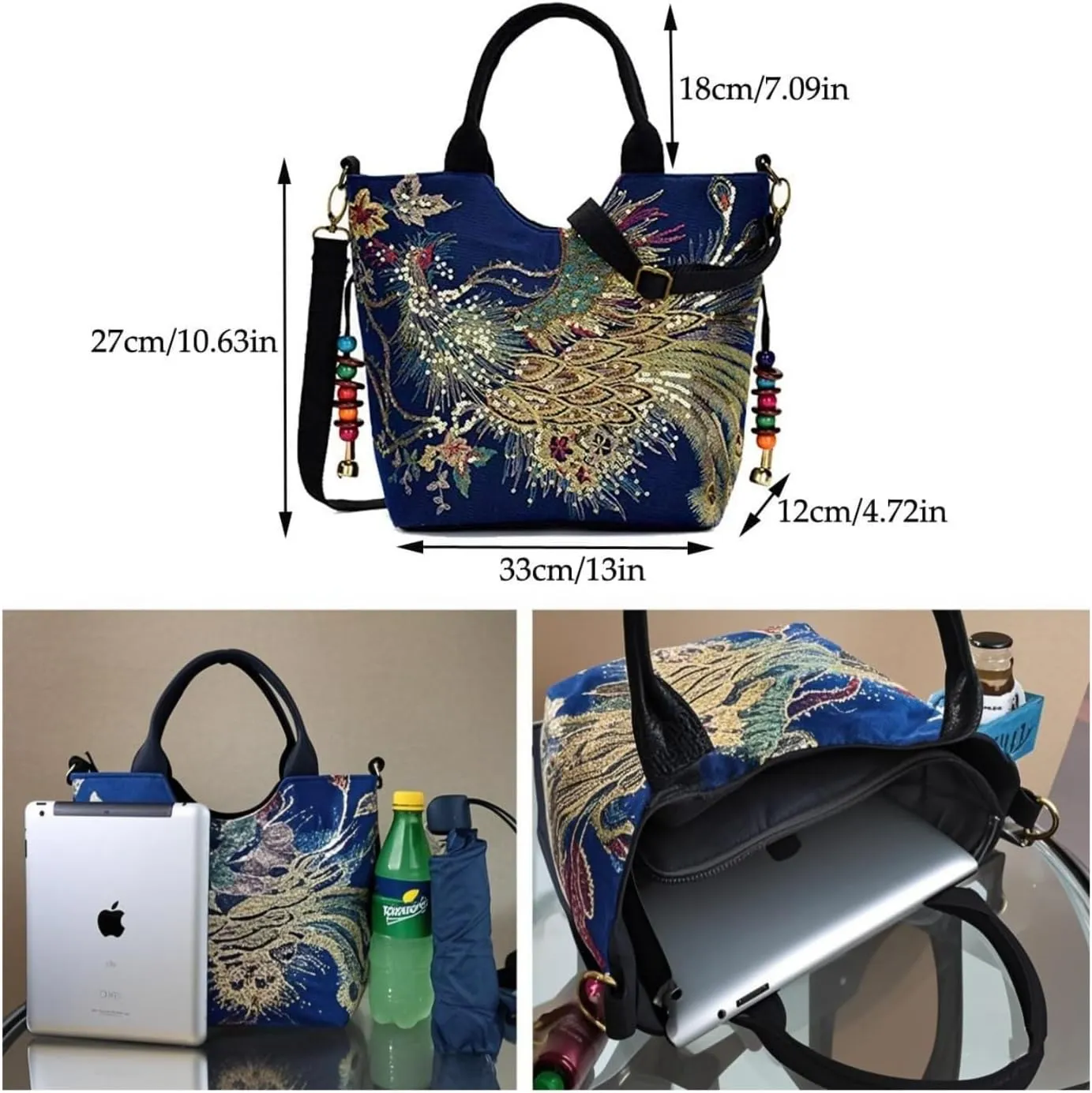 Women's Canvas Shoulder Handbag Ethnic Large Capacity Bling Sequins Phoenix Embroidered Bohemian Travel Tote for Lady