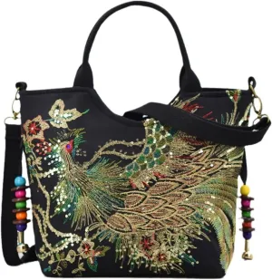 Women's Canvas Shoulder Handbag Ethnic Large Capacity Bling Sequins Phoenix Embroidered Bohemian Travel Tote for Lady