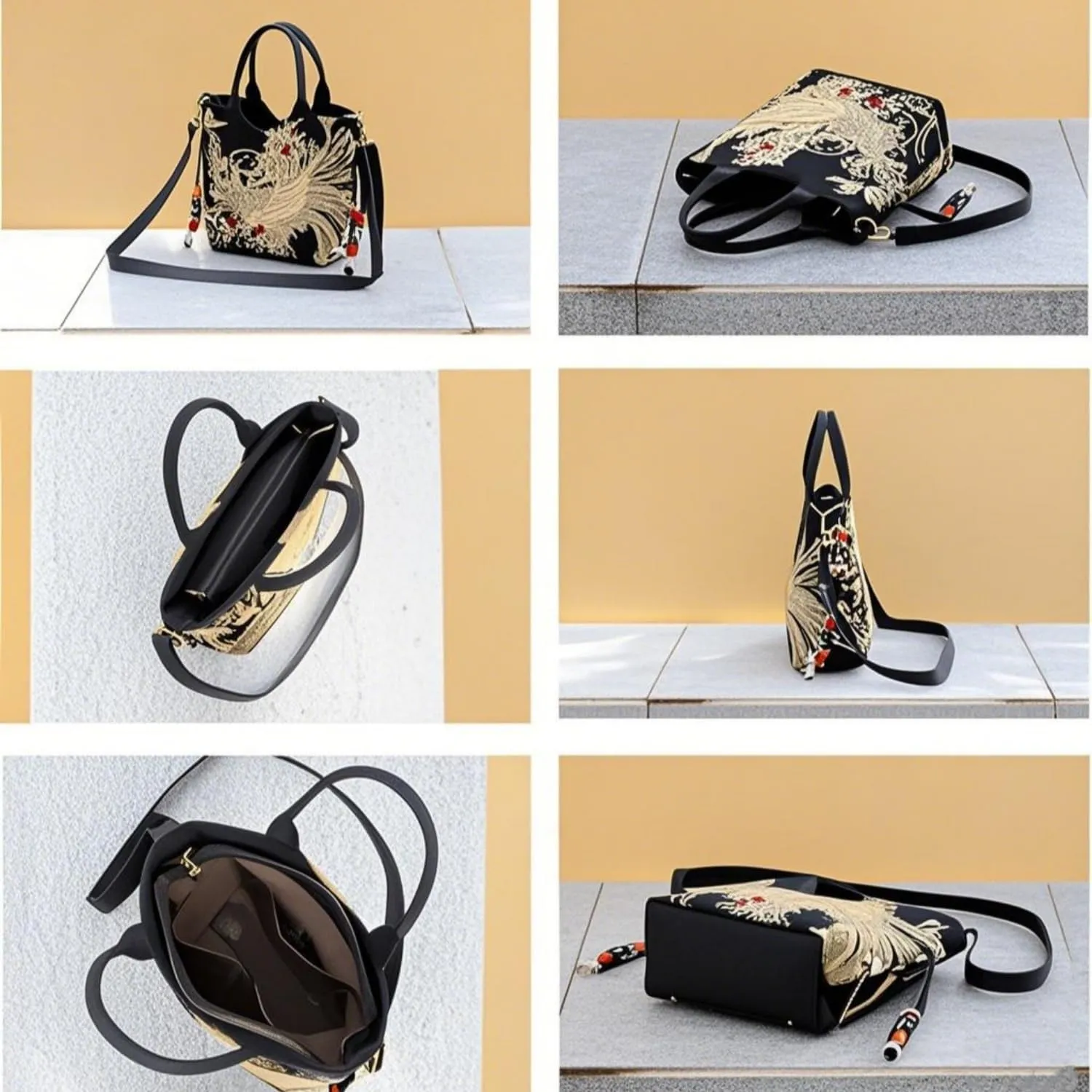 Women's Canvas Shoulder Handbag Ethnic Large Capacity Bling Sequins Phoenix Embroidered Bohemian Travel Tote for Lady