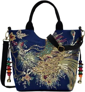 Women's Canvas Shoulder Handbag Ethnic Large Capacity Bling Sequins Phoenix Embroidered Bohemian Travel Tote for Lady