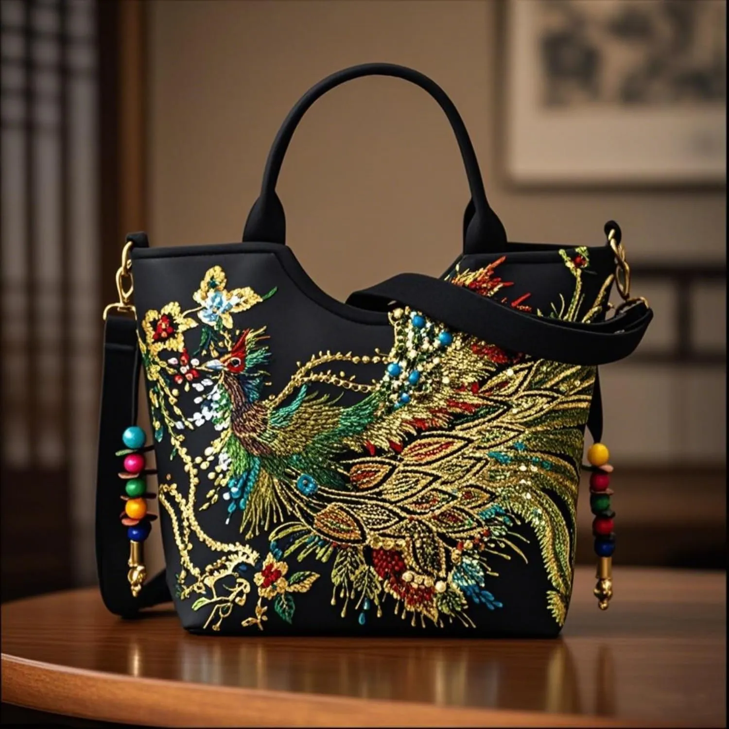 Women's Canvas Shoulder Handbag Ethnic Large Capacity Bling Sequins Phoenix Embroidered Bohemian Travel Tote for Lady