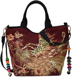 Women's Canvas Shoulder Handbag Ethnic Large Capacity Bling Sequins Phoenix Embroidered Bohemian Travel Tote for Lady