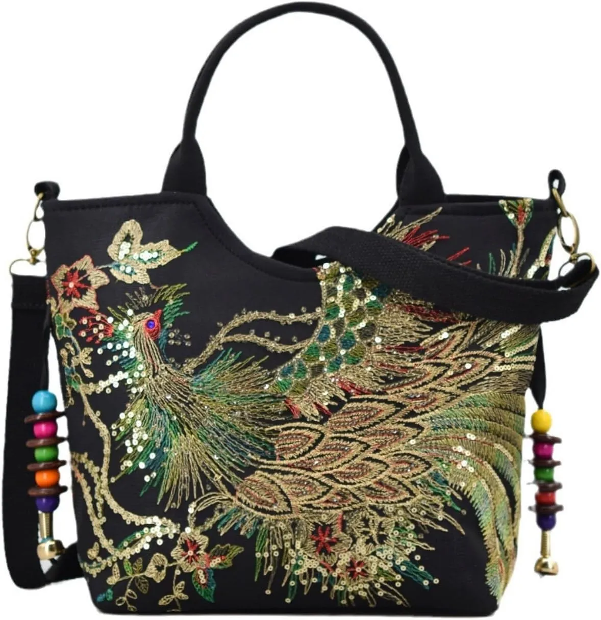 Women's Canvas Shoulder Handbag Ethnic Large Capacity Bling Sequins Phoenix Embroidered Bohemian Travel Tote for Lady