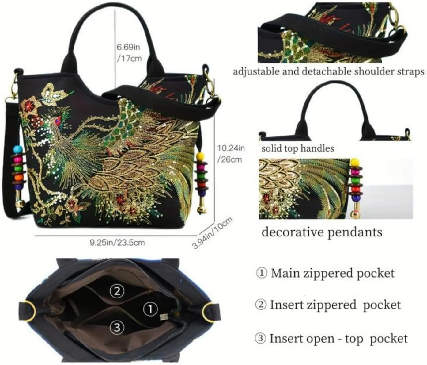 Women's Canvas Shoulder Handbag Ethnic Large Capacity Bling Sequins Phoenix Embroidered Bohemian Travel Tote for Lady