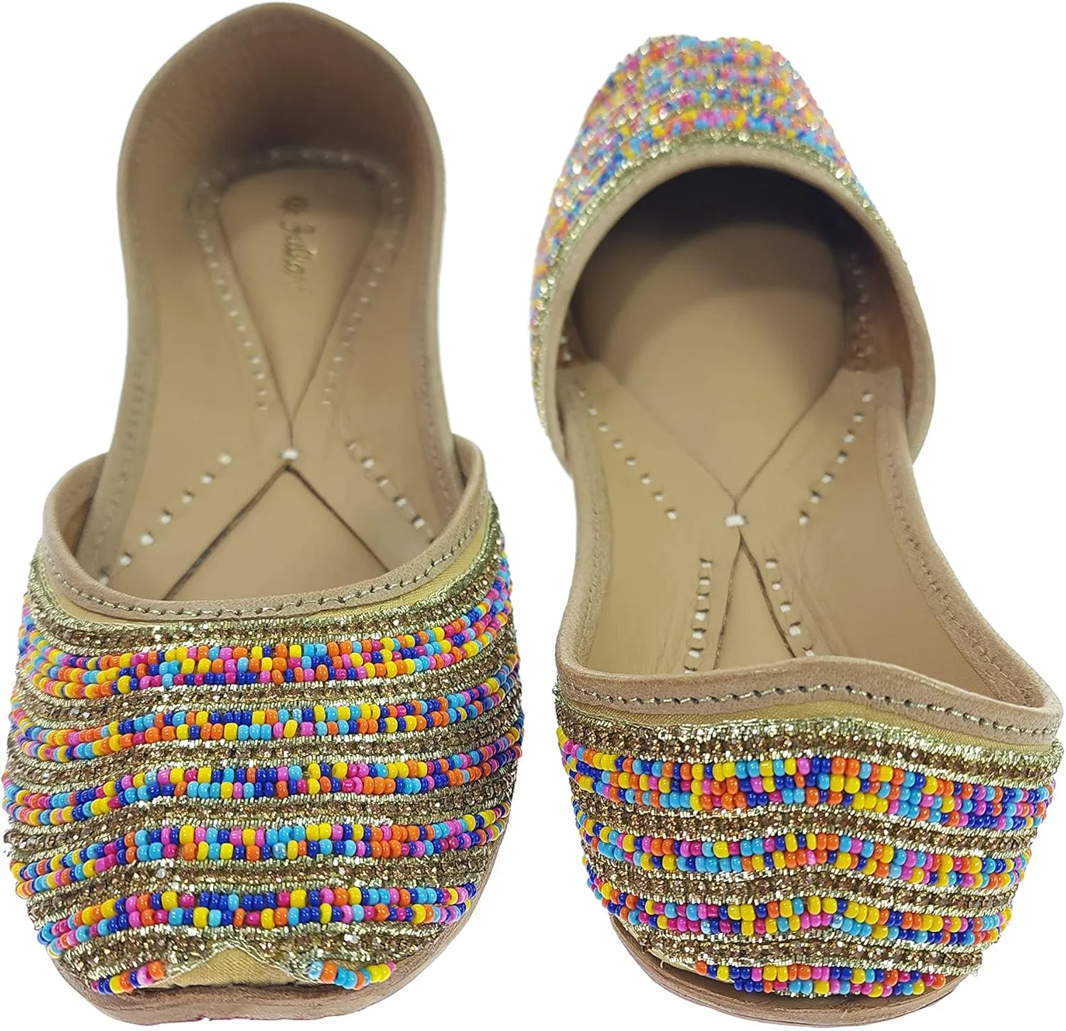 Women's Colors Beads Genuine Soft Leather Juttis | Bite and Pinch Free Jutis | Ladies Punjabi Jutti | Wedding Flat Stylish Mojari | Bridal Ethnic Flats For Girls |