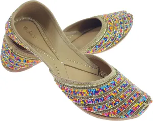 Women's Colors Beads Genuine Soft Leather Juttis | Bite and Pinch Free Jutis | Ladies Punjabi Jutti | Wedding Flat Stylish Mojari | Bridal Ethnic Flats For Girls |