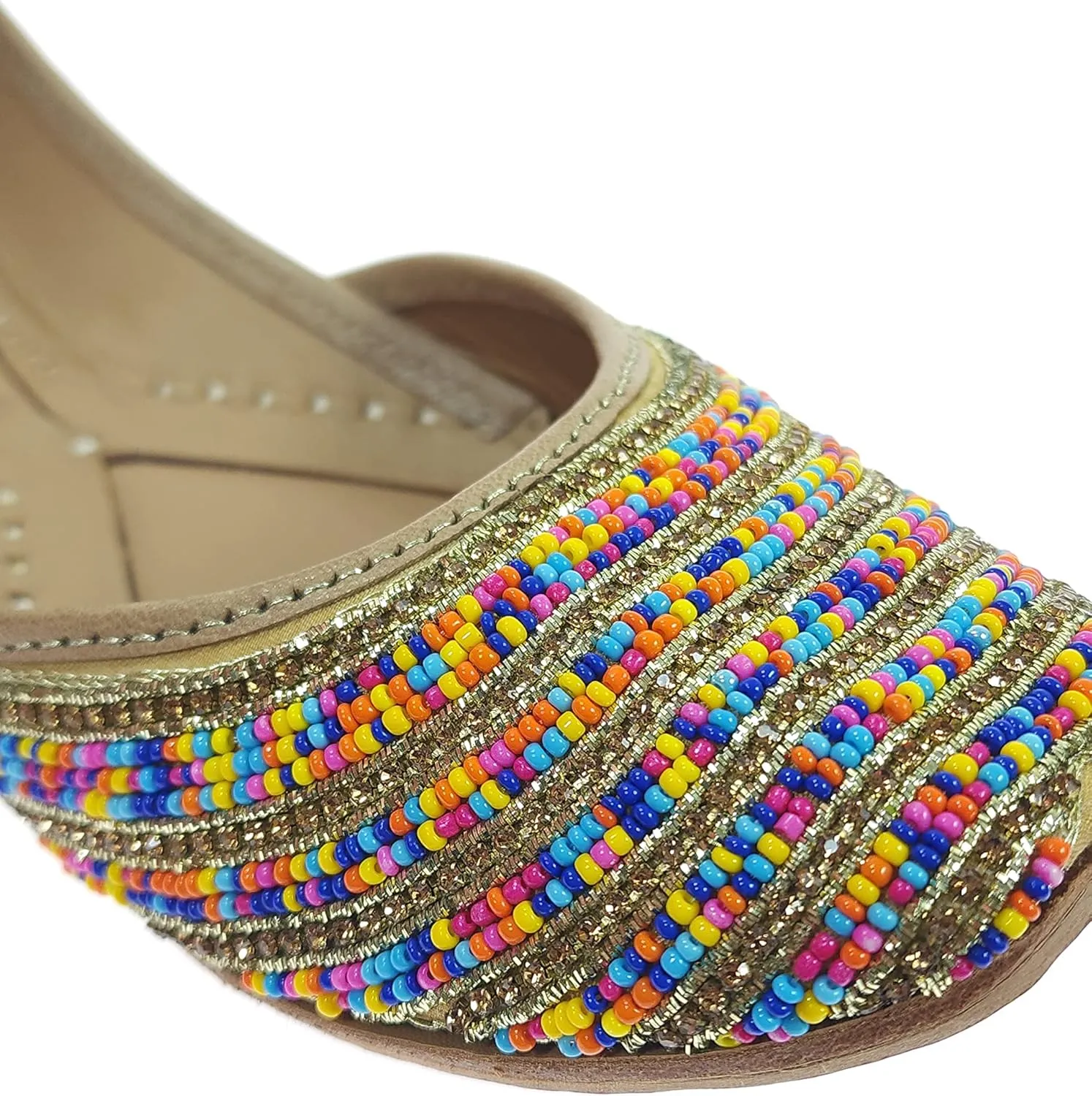 Women's Colors Beads Genuine Soft Leather Juttis | Bite and Pinch Free Jutis | Ladies Punjabi Jutti | Wedding Flat Stylish Mojari | Bridal Ethnic Flats For Girls |