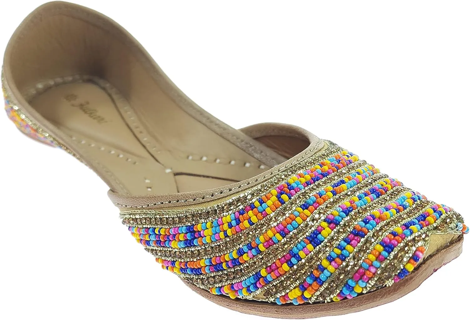 Women's Colors Beads Genuine Soft Leather Juttis | Bite and Pinch Free Jutis | Ladies Punjabi Jutti | Wedding Flat Stylish Mojari | Bridal Ethnic Flats For Girls |