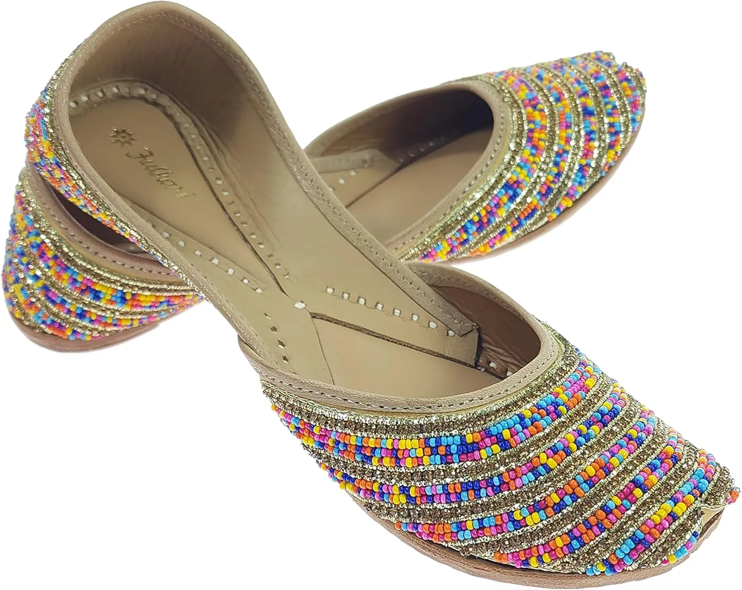 Women's Colors Beads Genuine Soft Leather Juttis | Bite and Pinch Free Jutis | Ladies Punjabi Jutti | Wedding Flat Stylish Mojari | Bridal Ethnic Flats For Girls |