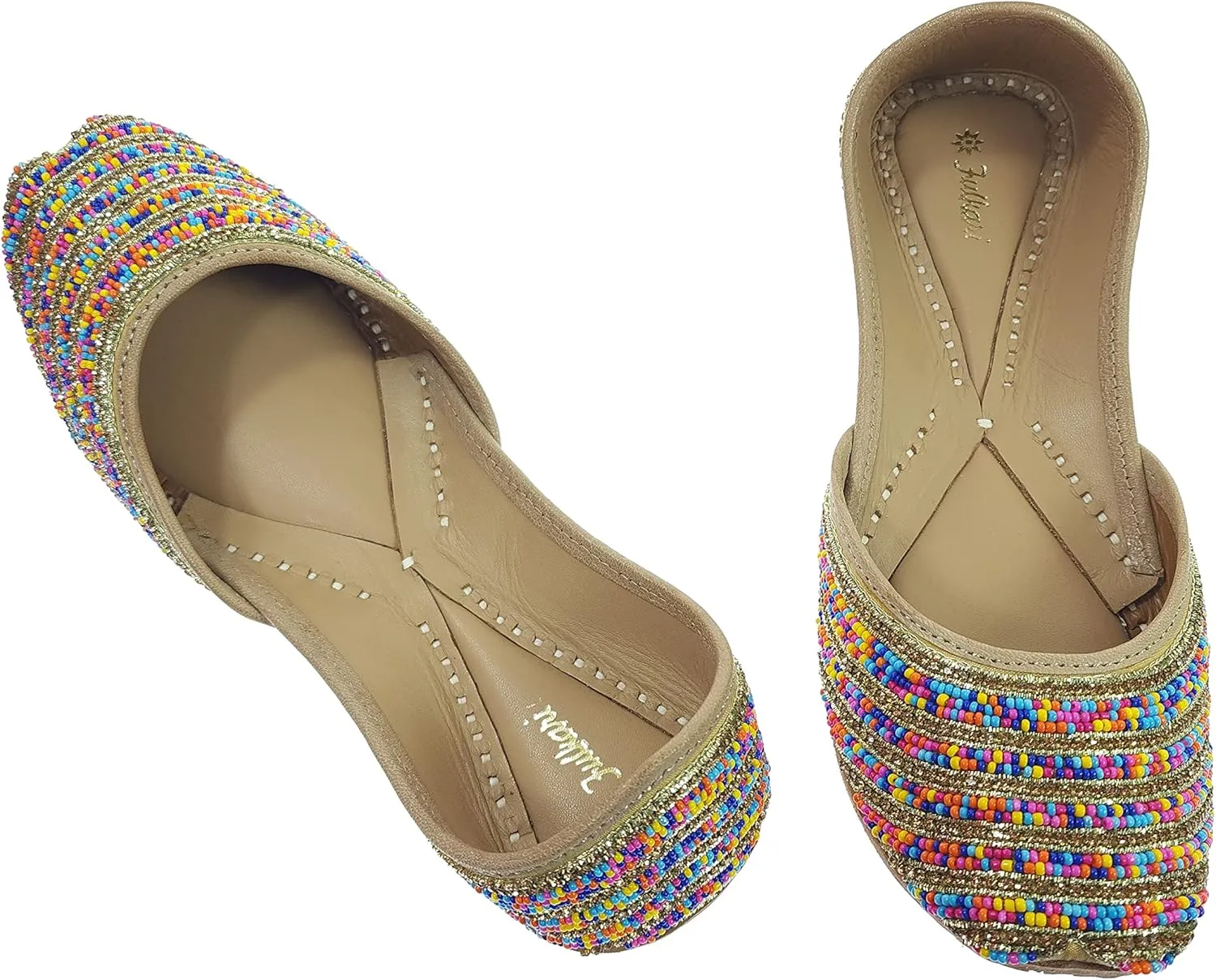 Women's Colors Beads Genuine Soft Leather Juttis | Bite and Pinch Free Jutis | Ladies Punjabi Jutti | Wedding Flat Stylish Mojari | Bridal Ethnic Flats For Girls |