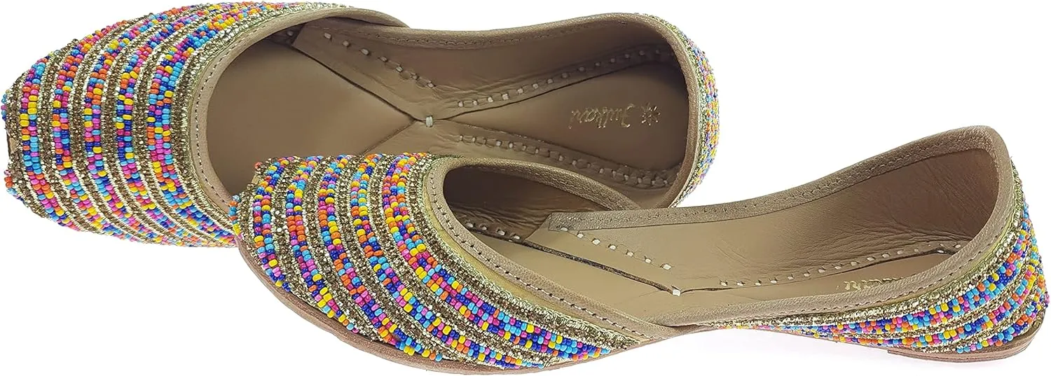 Women's Colors Beads Genuine Soft Leather Juttis | Bite and Pinch Free Jutis | Ladies Punjabi Jutti | Wedding Flat Stylish Mojari | Bridal Ethnic Flats For Girls |