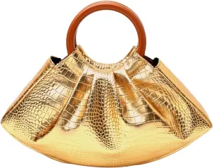Women's Crocodile Texture Shiny Glossy PU Pleated Cloud Evening Bags Handbag Party Purse Glitter Clutch Bag