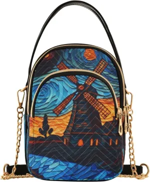 Women's Crossbody Sling Bags Painting Windmill Sunset Print, Fashion Handbags Purse with Chain Strap Top handle for Evening Party Dating Travel